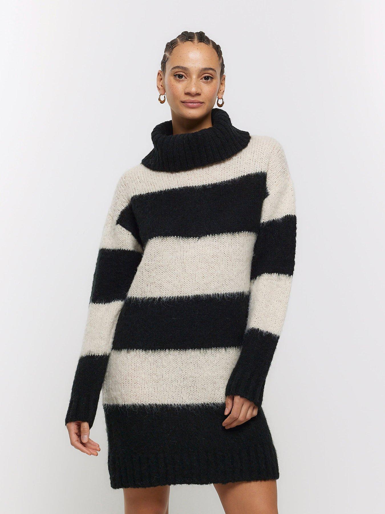 Women's White and Black Geometric Sweater Dress, Black Wool