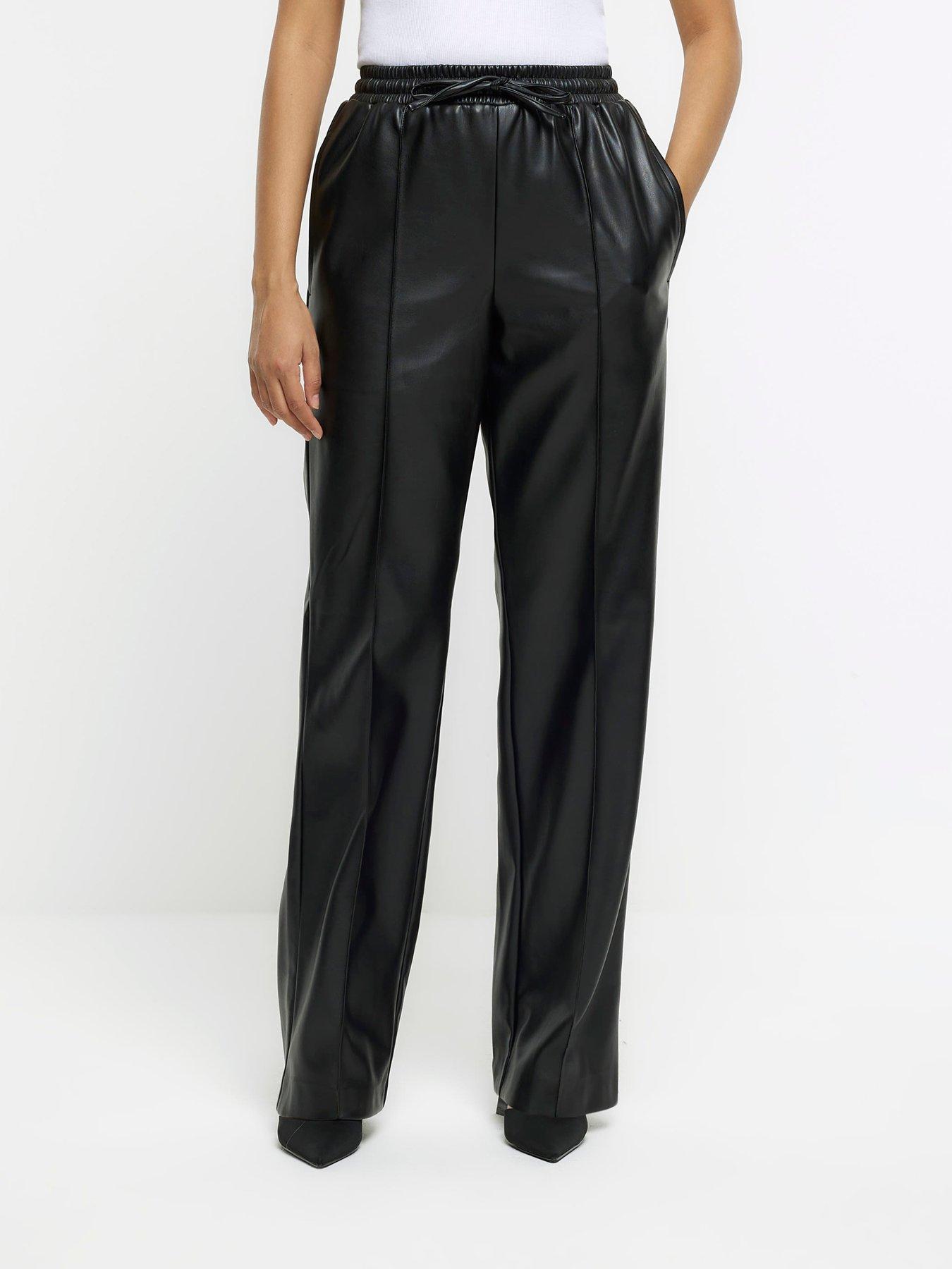 V by Very Faux Leather Elasticated Waist Wide Leg Trousers - Black