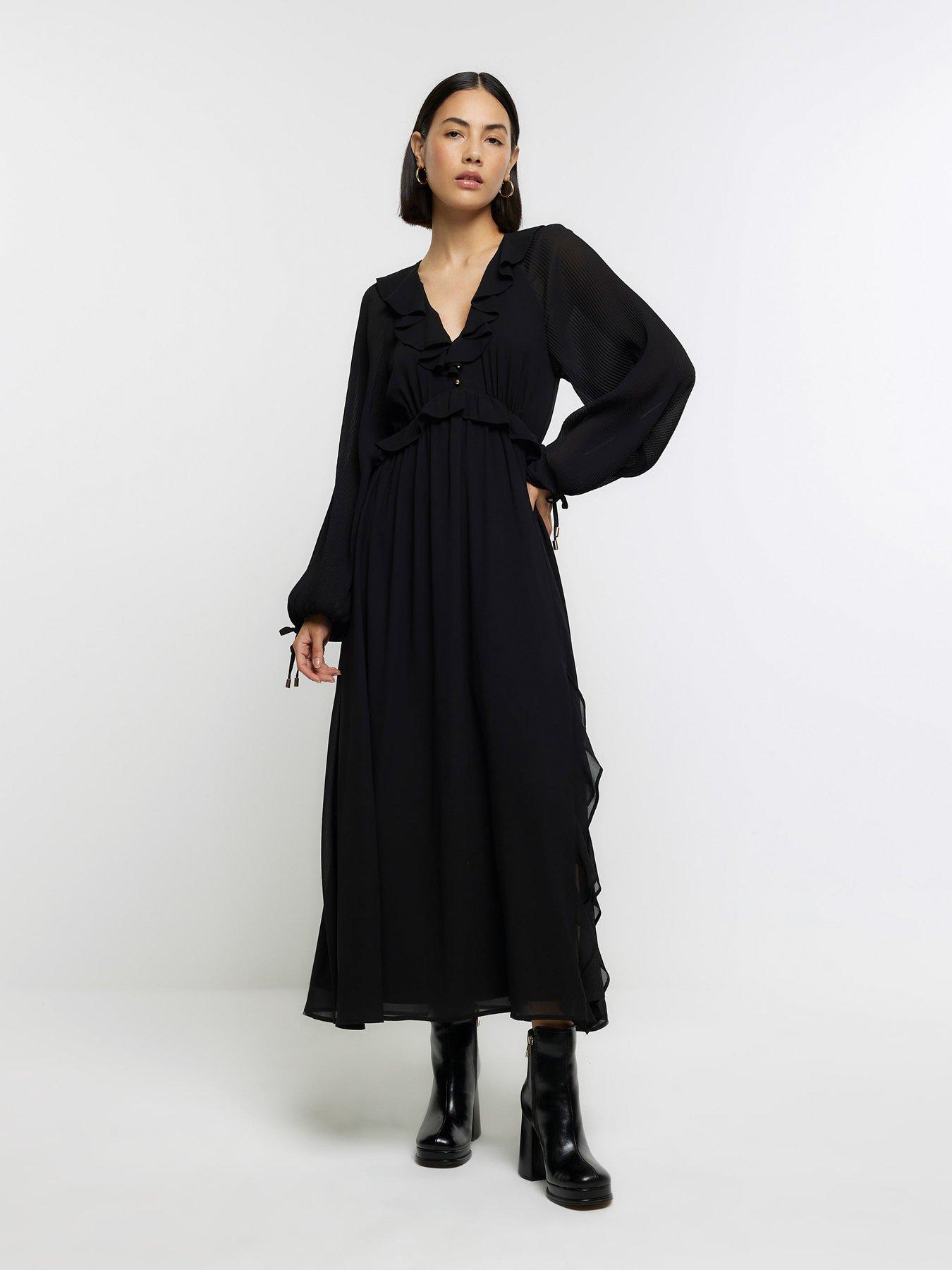 River Island Pleated Frill Midaxi Dress - Black | Very.co.uk