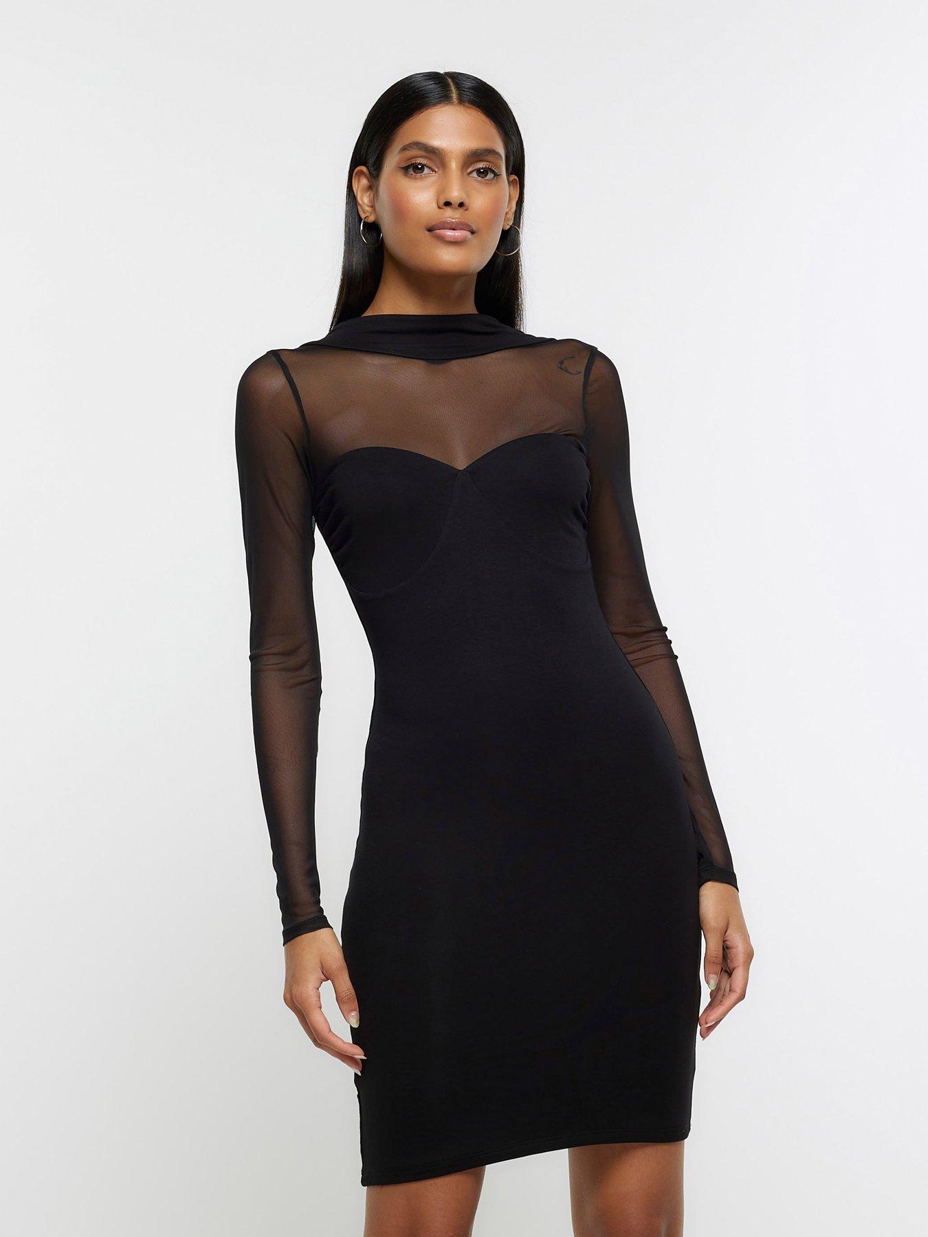 River Island Mesh Choker Jersey Mini Dress - Black | Very.co.uk