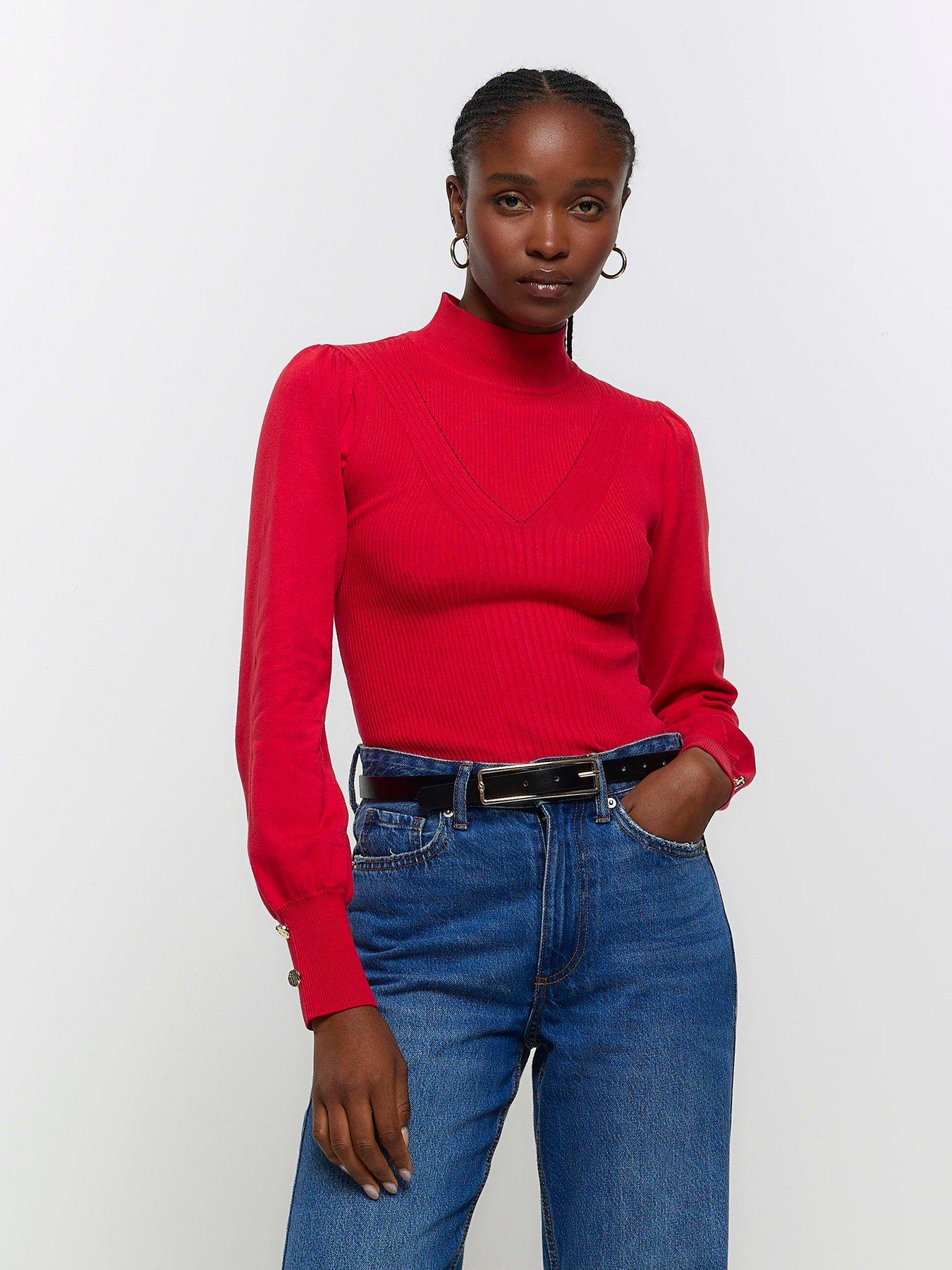 Ribbed Roll Neck Jumper Red