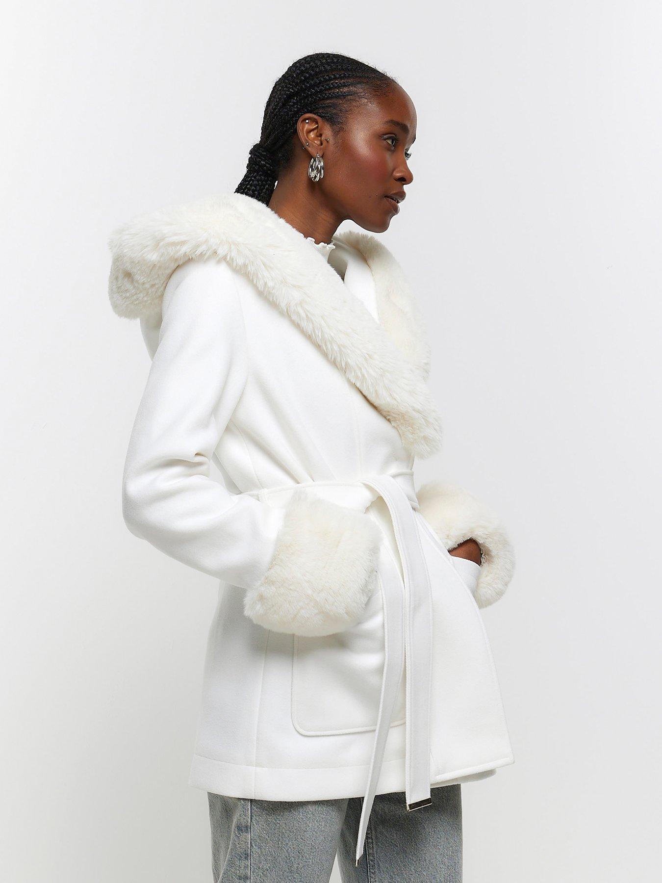 Topshop Petite faux fur coat in cream Size 8 Uk