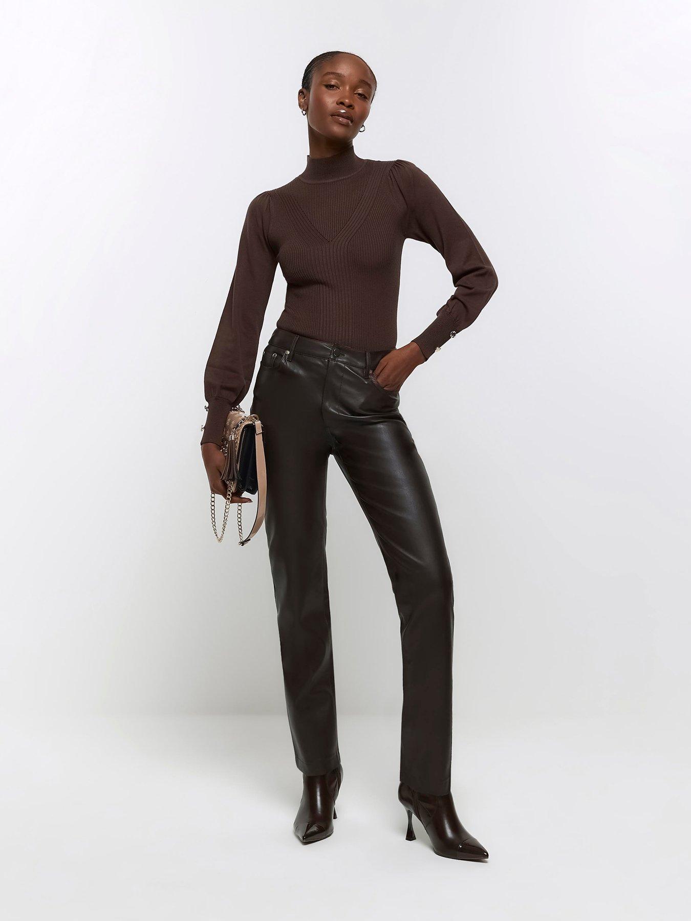 Ribbed Roll Neck Jumper - Dark Brown