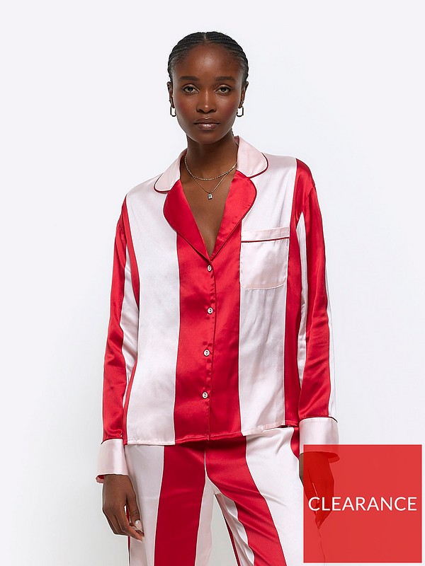 River Island Satin Stripe Pyjama Shirt - Red
