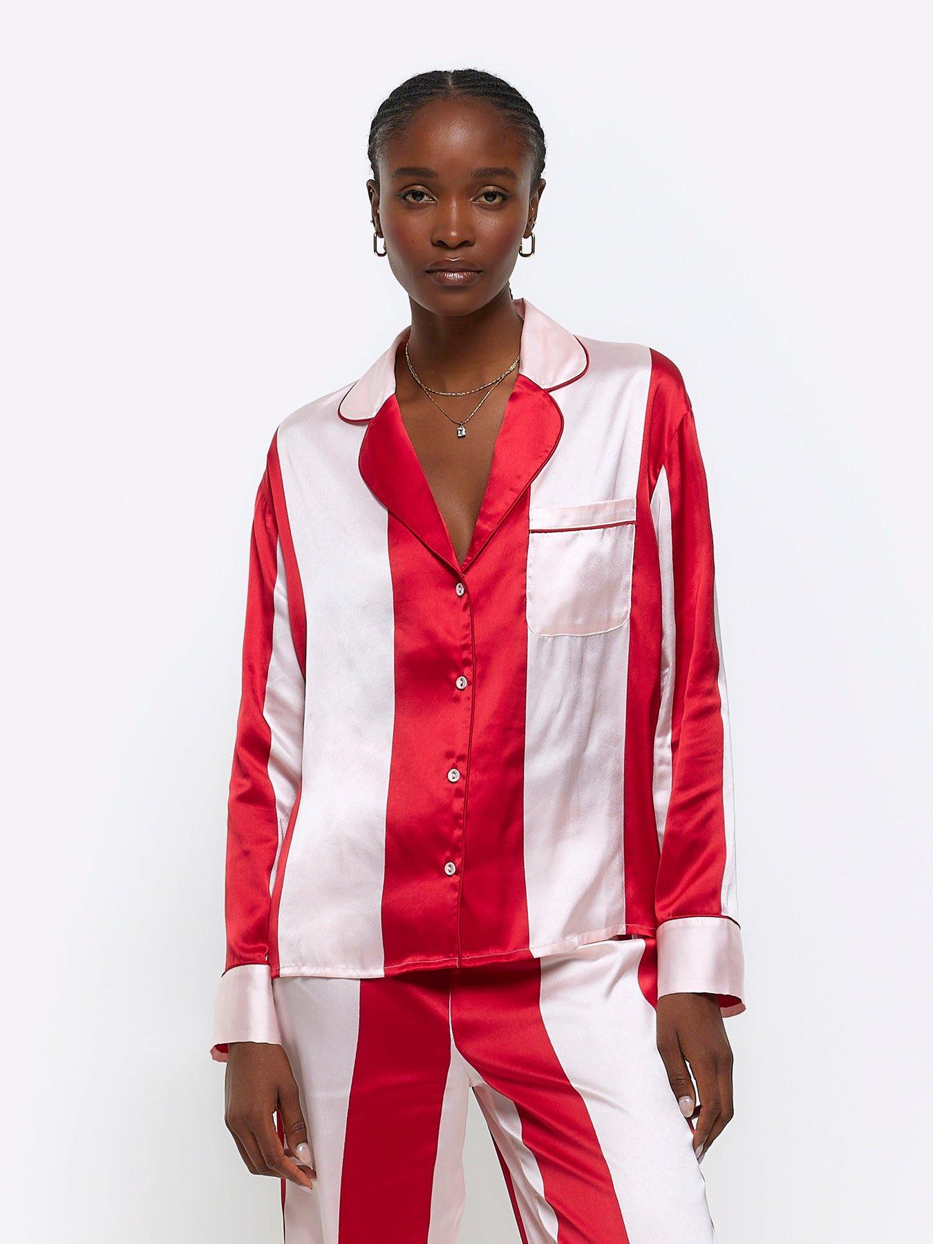 River Island Satin Stripe Pyjama Shirt - Red