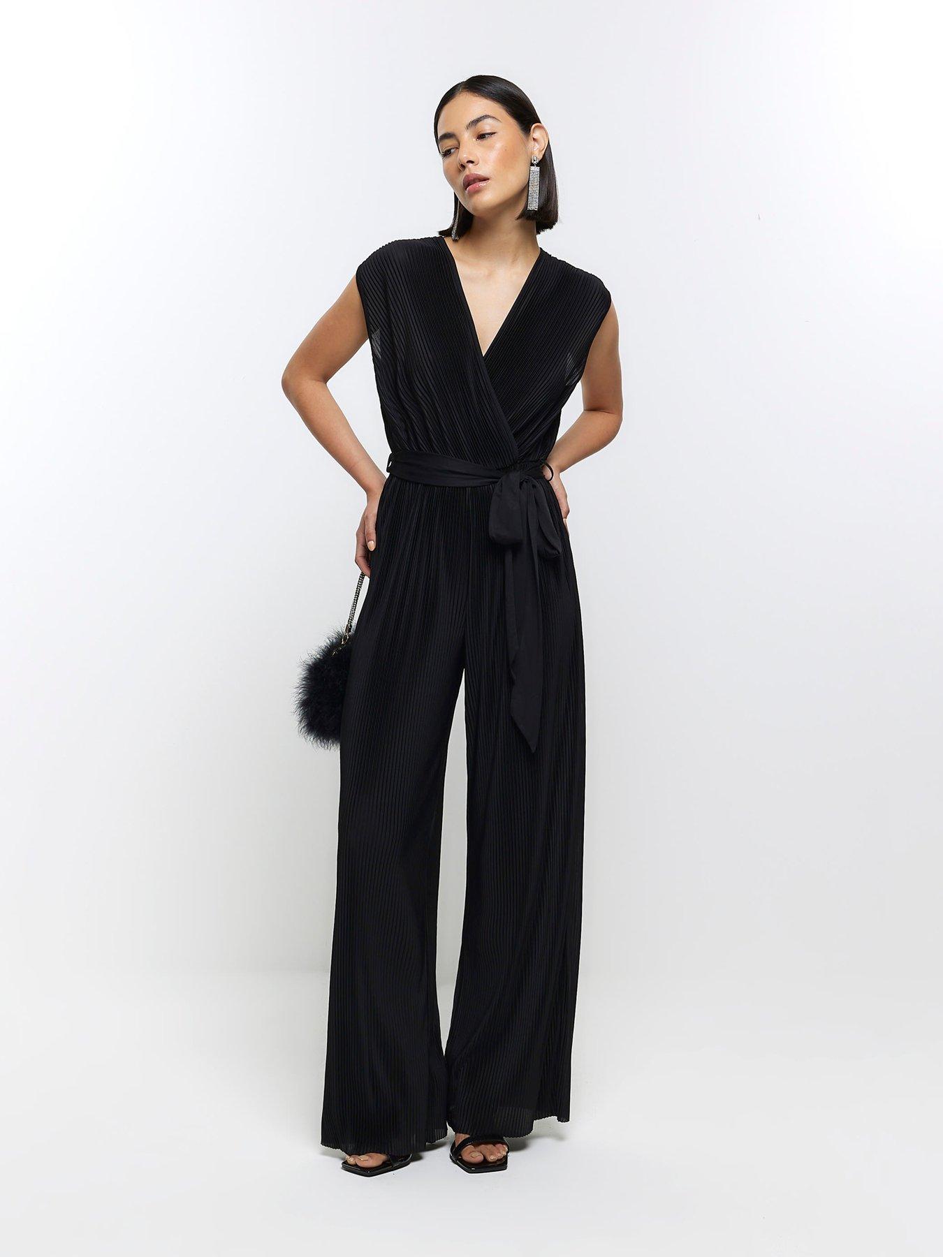 ASOS DESIGN chiffon top belted flared leg jumpsuit in black