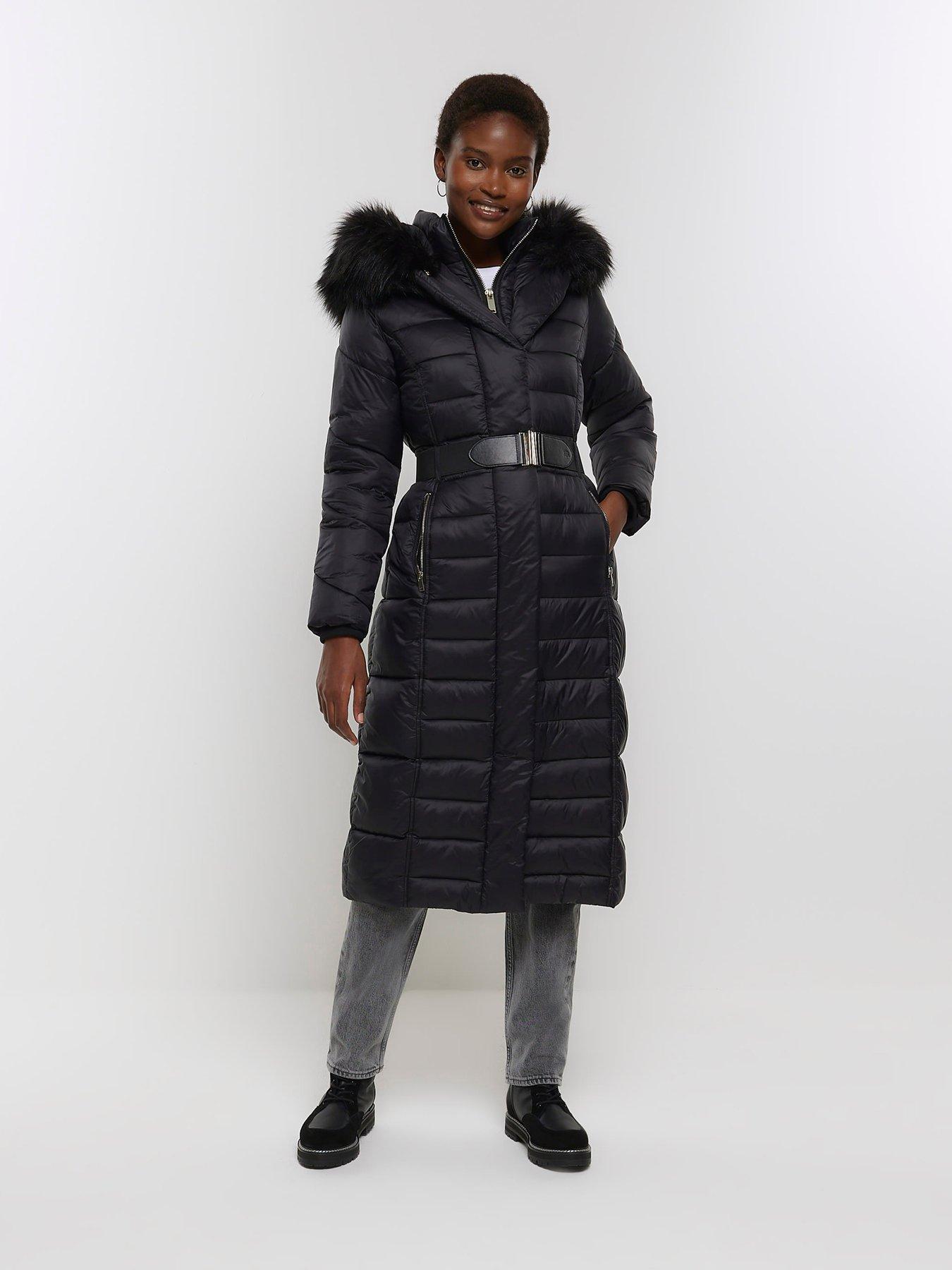 Black coat with fur hood river island hot sale