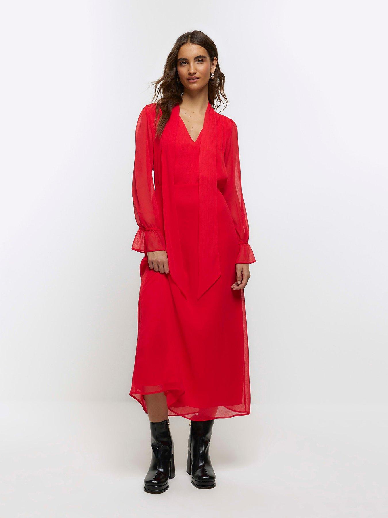 River Island Pussybow Tea Dress - Bright Red | Very.co.uk