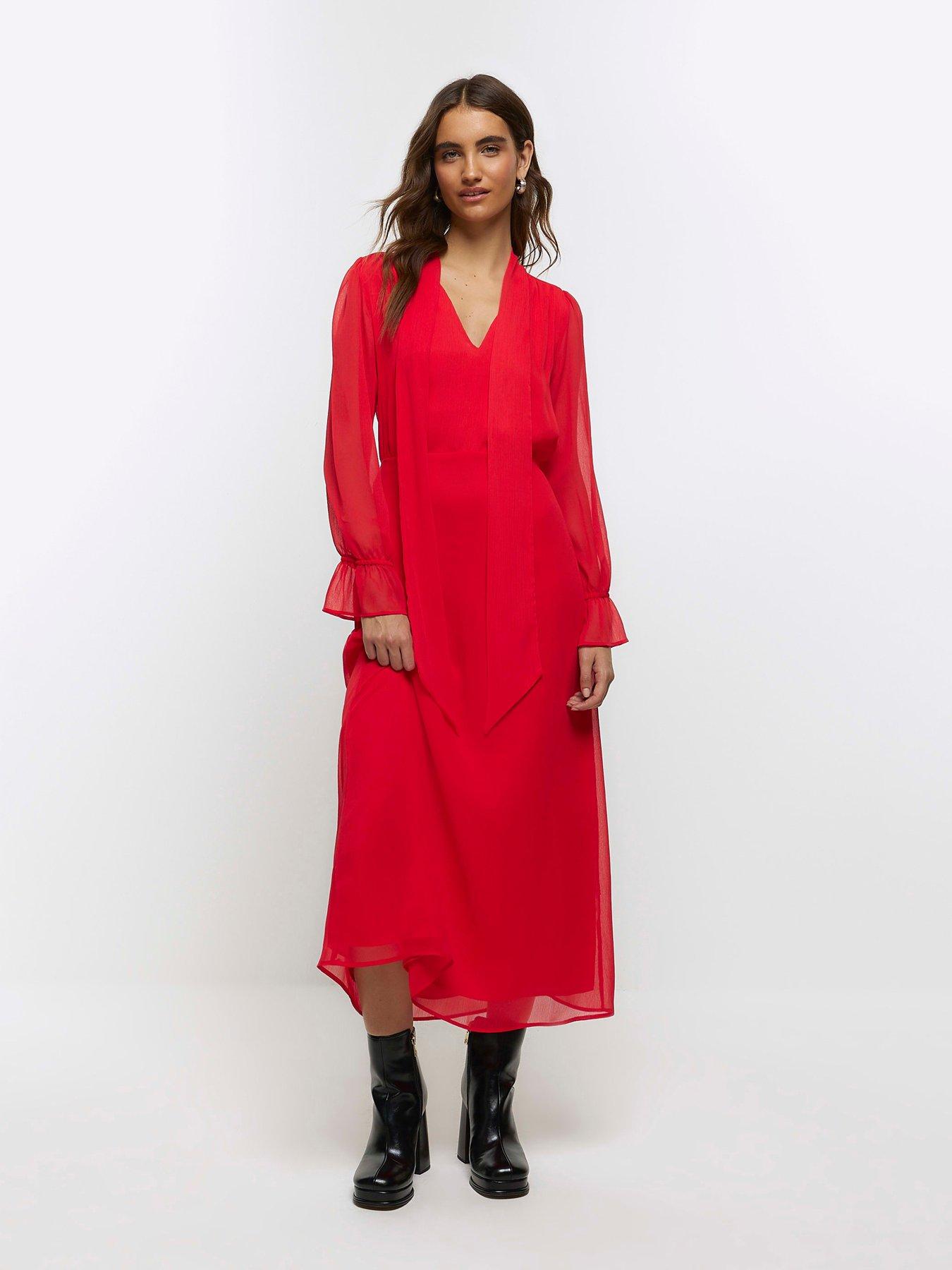 River Island Pussybow Tea Dress Bright Red Very
