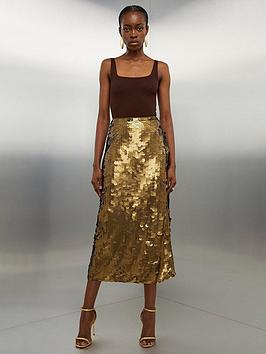 karen millen metallic matte sequin midi skirt - gold