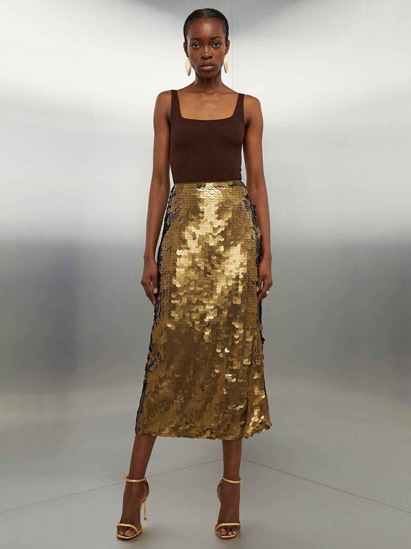 Metallic Matte Sequin Midi Skirt Gold