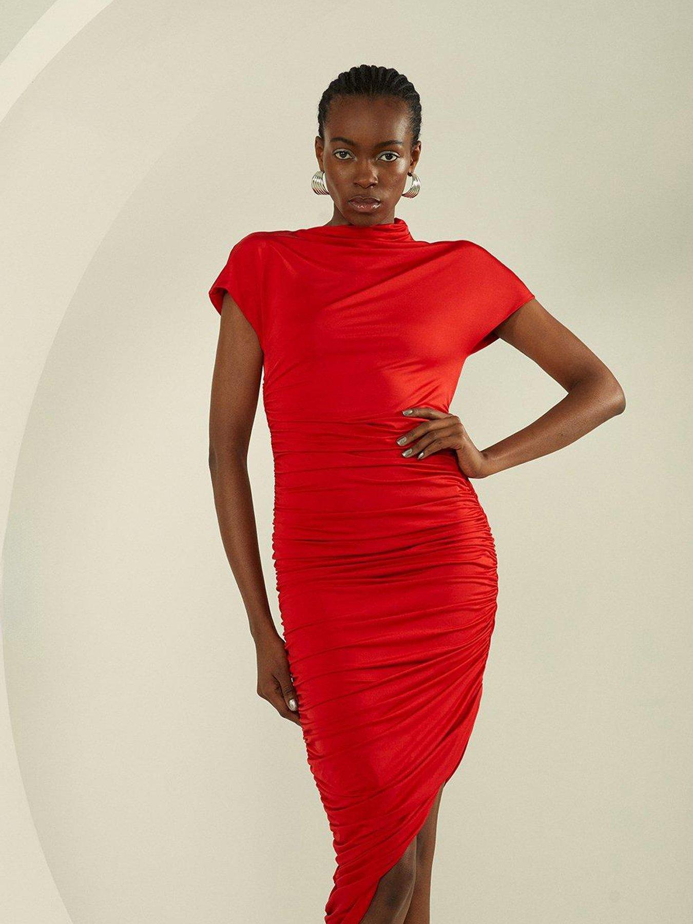 Slinky Ruched Asymetric Midi Dress Red