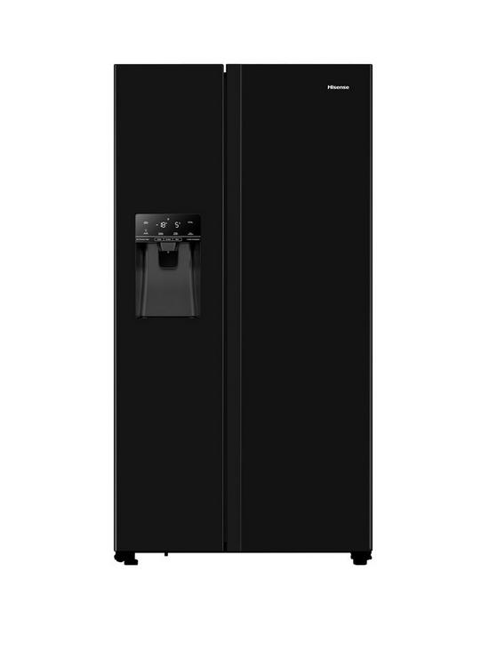front image of hisense-rs694n4tbe-90cm-wide-side-by-side-non-plumbed-water-and-ice-american-fridge-freezer-black