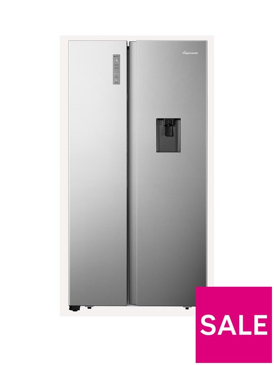 front image of fridgemaster-ms91520des-90cm-wide-side-by-side-american-fridge-freezer-silver