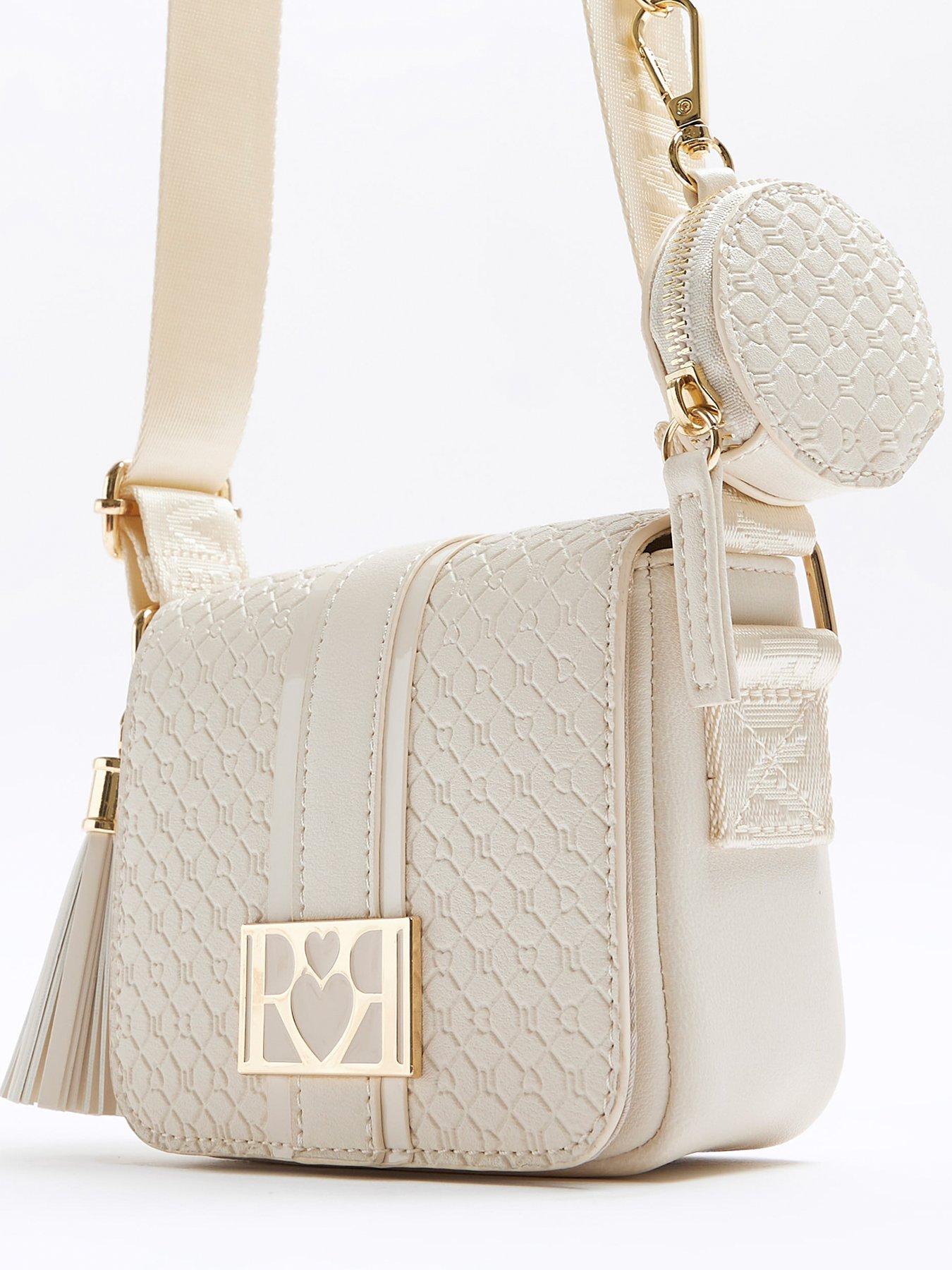 River Island cross body bag with monogram strap in black