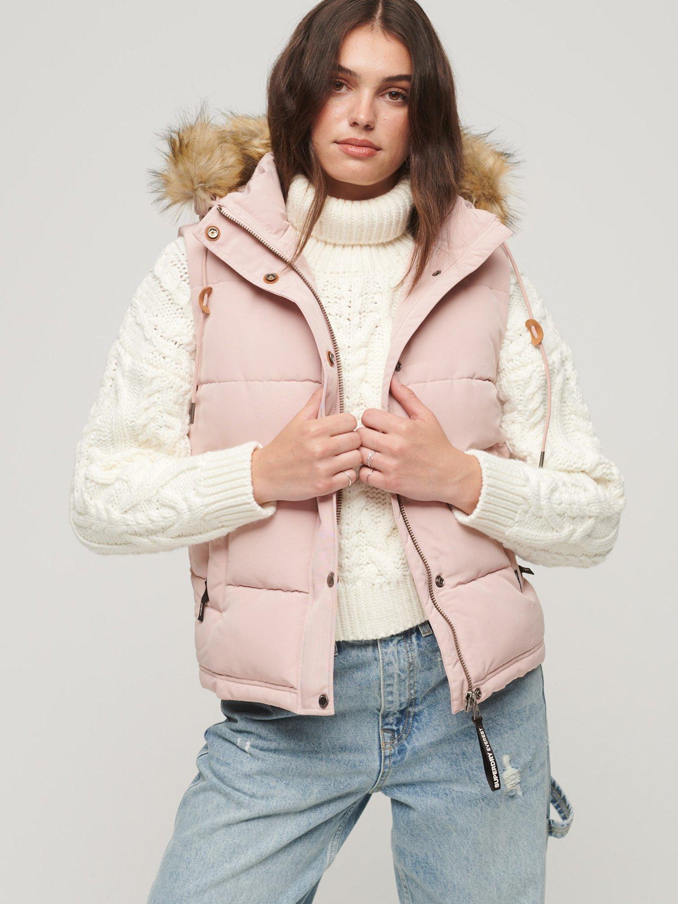 Superdry Everest Faux Fur Puffer Gilet - Pink | very.co.uk