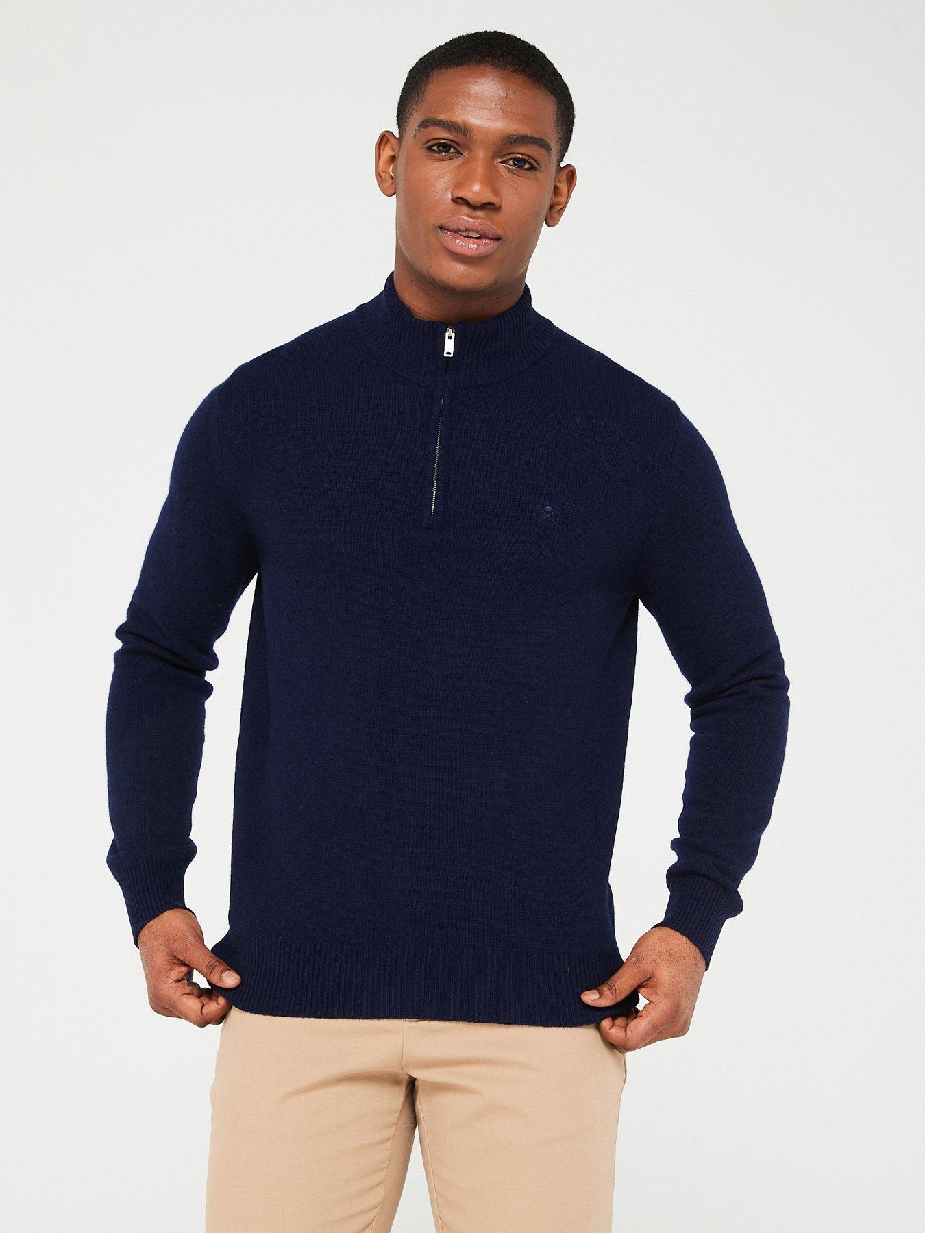 Hackett Elbow Patch Lambswool 1/4 Zip Knit Jumper - Navy | very.co.uk