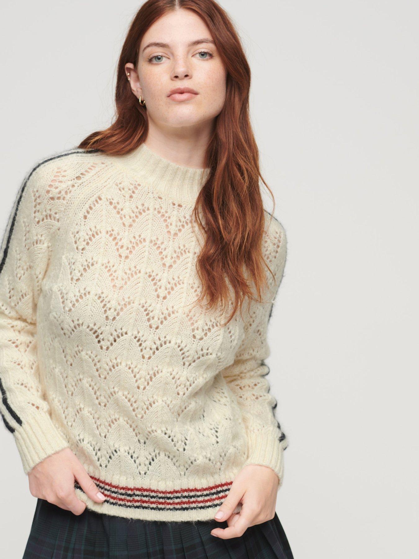 Pointelle-knit Sweater with Collar - Light beige/striped - Ladies