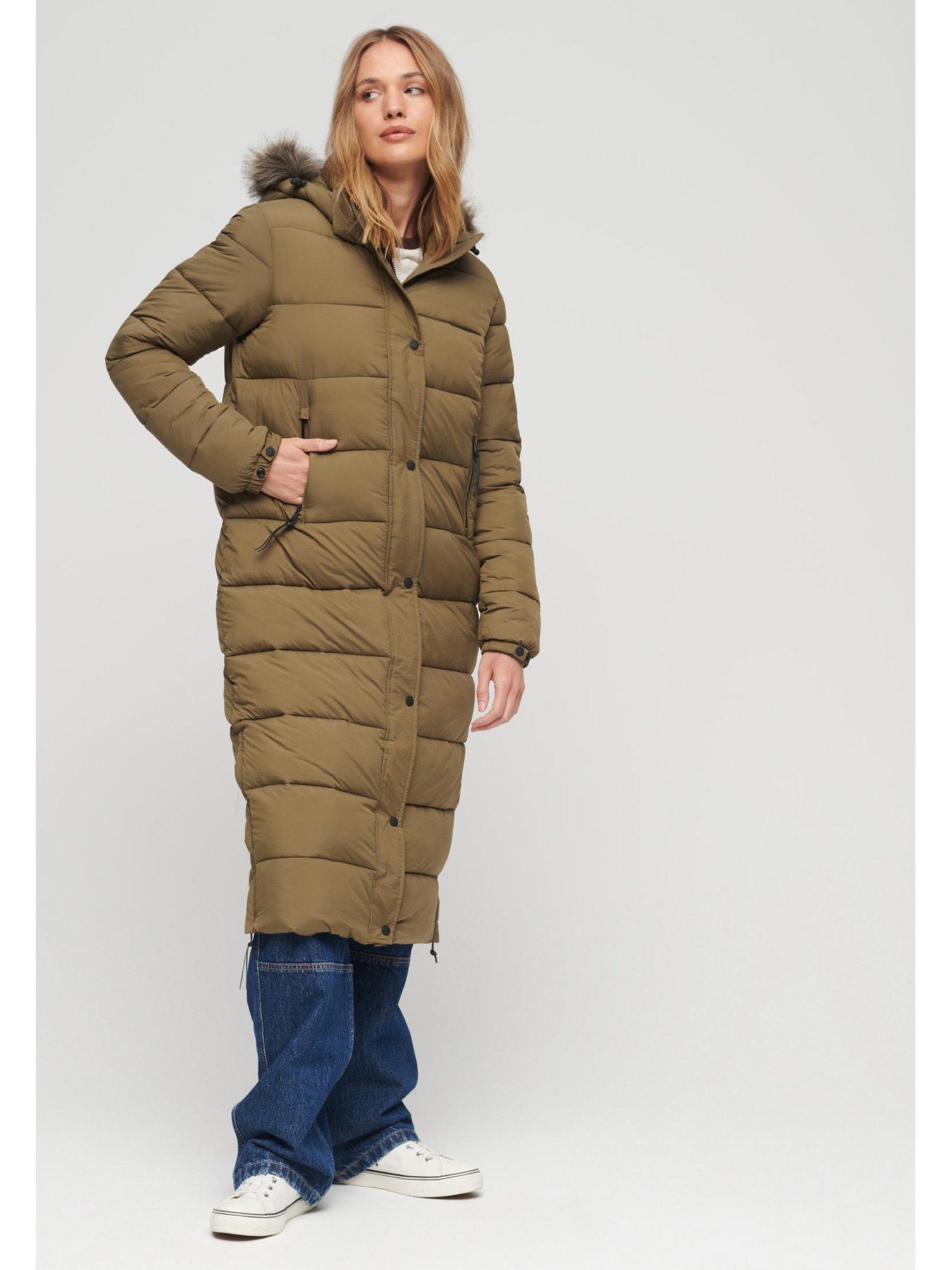 Longline padded coat deals with fur hood