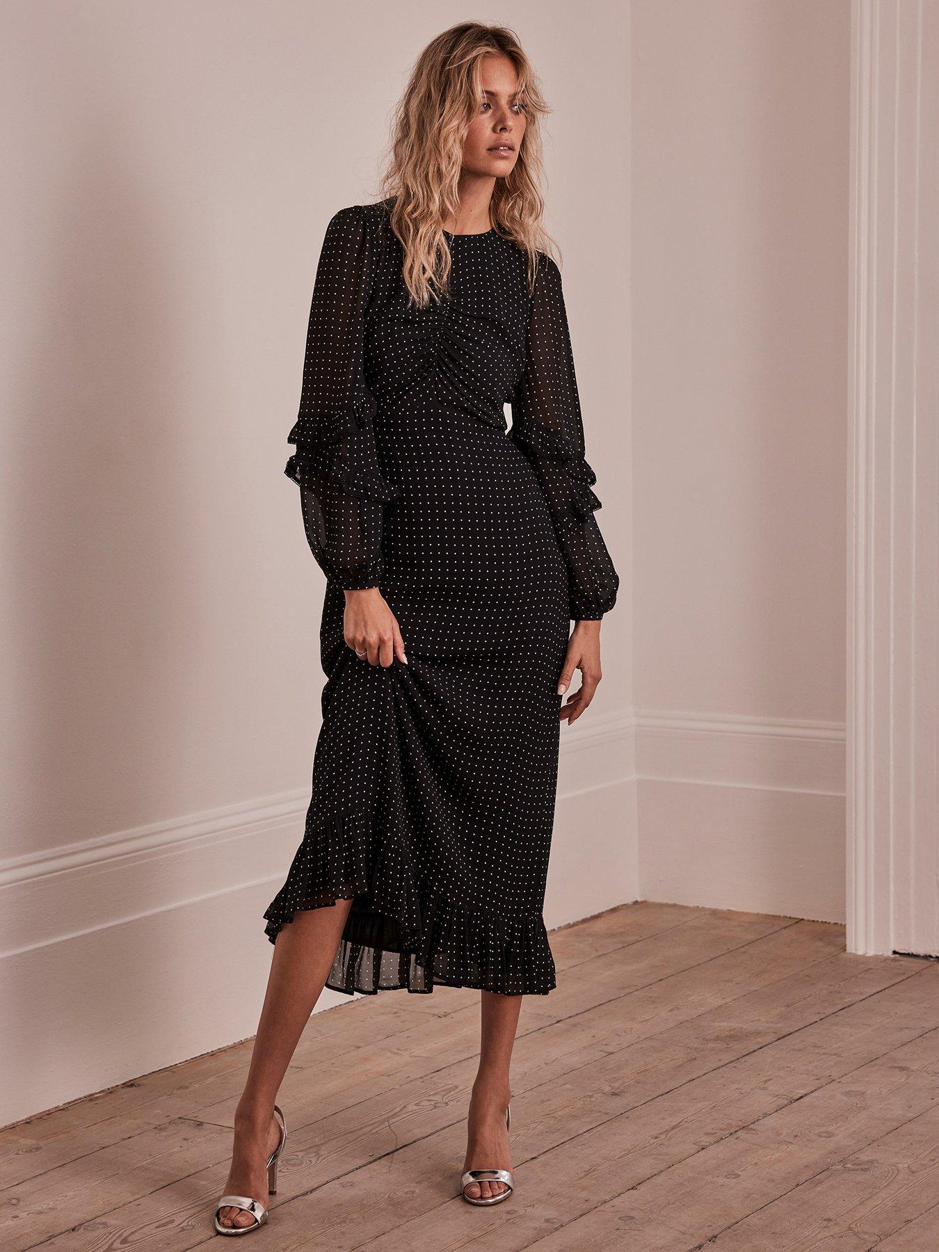 Mint Velvet Black Print Ruffle Midi Dress very.co.uk