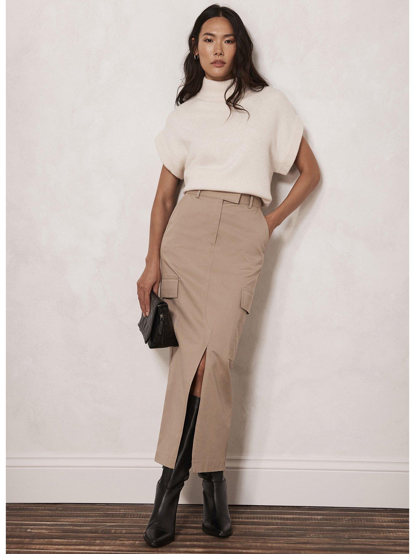 Camel Cotton Cargo Midi Skirt