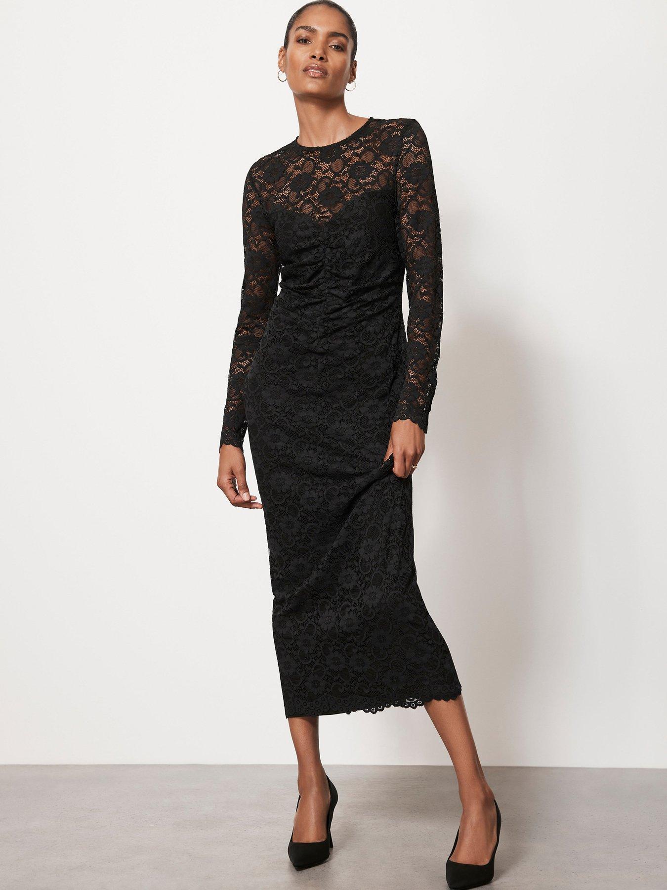 Mint Velvet Black Lace Ruched Midi Dress