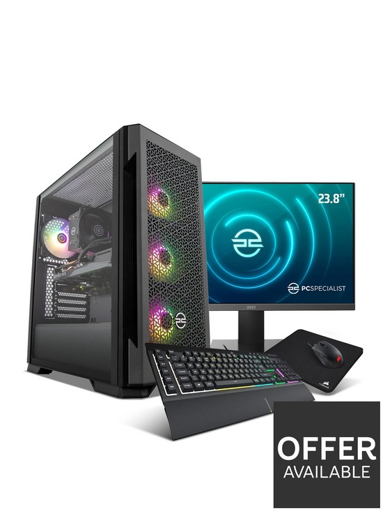 front image of pcspecialist-fusion-r60-gaming-desktop-bundlenbsp--rtx-4060nbspamd-ryzen-5nbsp16gb-ramnbsp1tbnbspssd-with-238in-msinbspmonitor-keyboard-amp-mouse