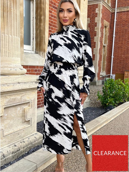 front image of ax-paris-black-and-white-printed-shirred-detail-midi-dress
