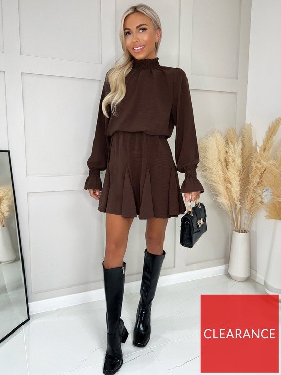 front image of ax-paris-chocolate-high-neck-shirred-detail-skater-dress
