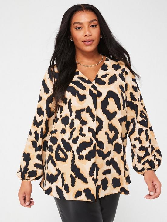 front image of v-by-very-curve-pleat-front-shirt-natural-leopard