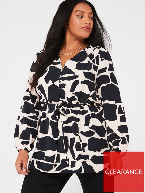 front image of v-by-very-curve-drawstring-waist-blouse-mono-print