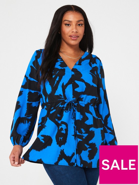 front image of v-by-very-curve-drawstring-waist-blouse-blue-print