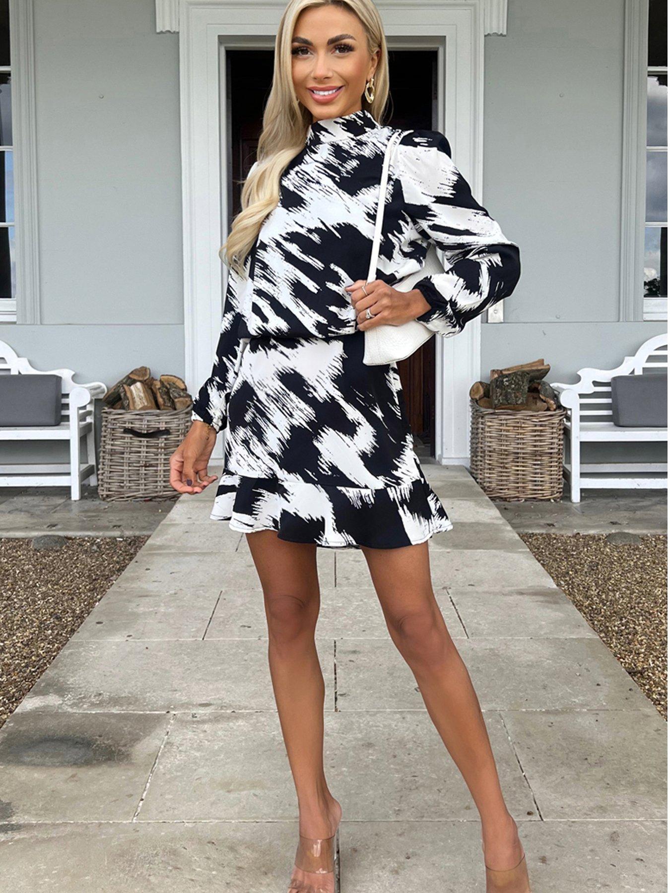 AX Paris Black And White High Neck Long Sleeve Skater Dress Very