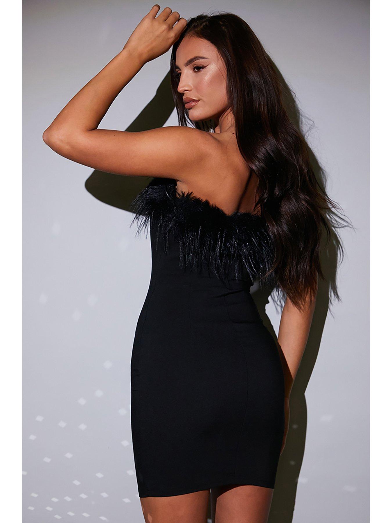 Black feather trim mini dress sale