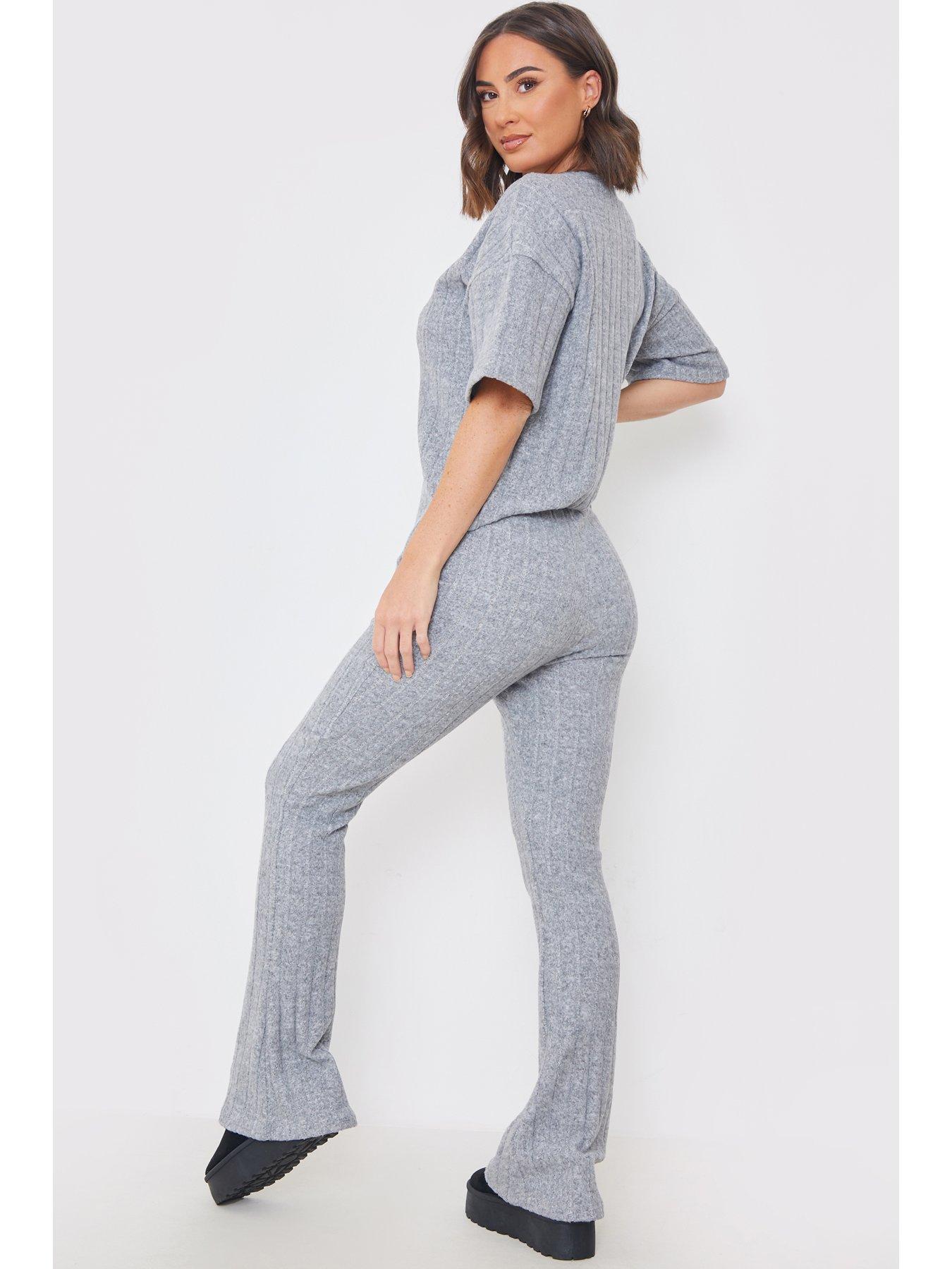 Grey Brushed Rib High Waisted Flared Pant