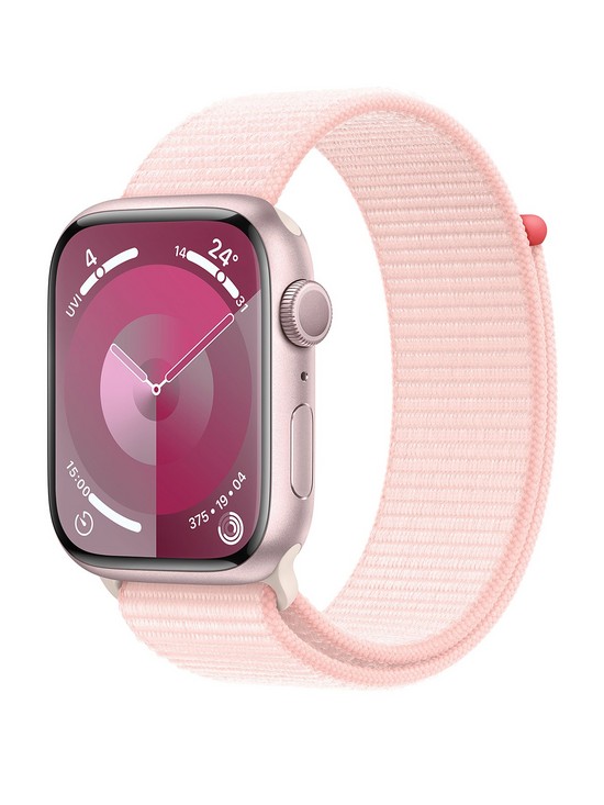 front image of apple-watch-series-9-gps-45mm-pink-aluminium-case-with-light-pink-sport-loop
