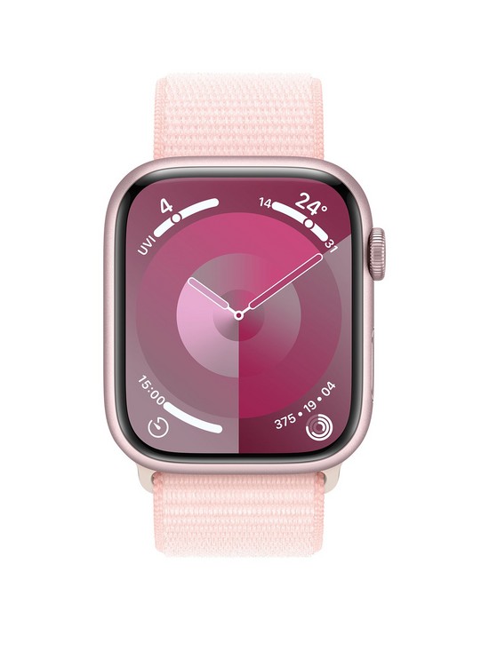 stillFront image of apple-watch-series-9-gps-45mm-pink-aluminium-case-with-light-pink-sport-loop