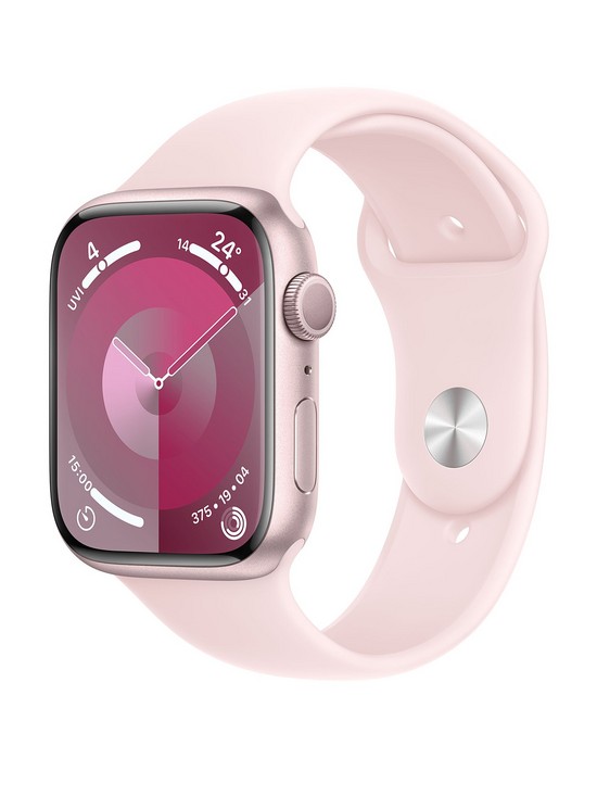 front image of apple-watch-series-9-gps-45mm-pink-aluminium-case-with-light-pink-sport-band