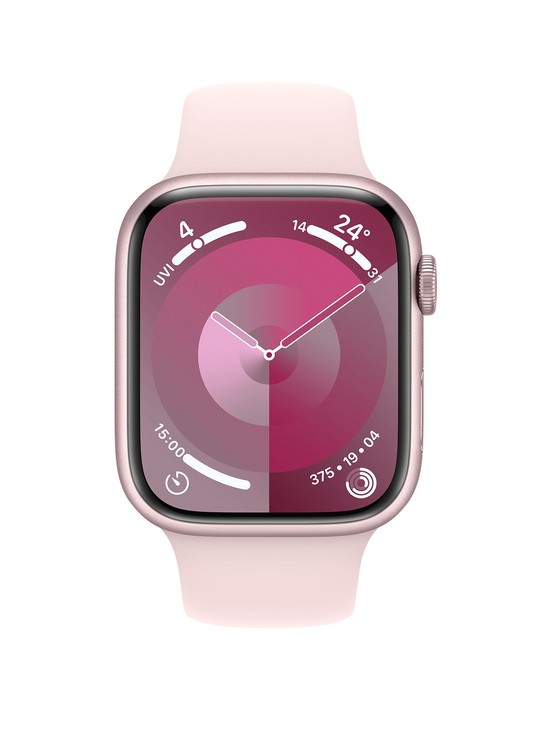 stillFront image of apple-watch-series-9-gps-45mm-pink-aluminium-case-with-light-pink-sport-band