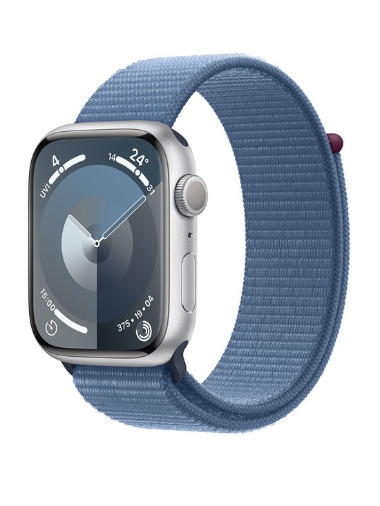 front image of apple-watch-series-9-gps-45mm-silver-aluminium-case-with-winter-blue-sport-loop