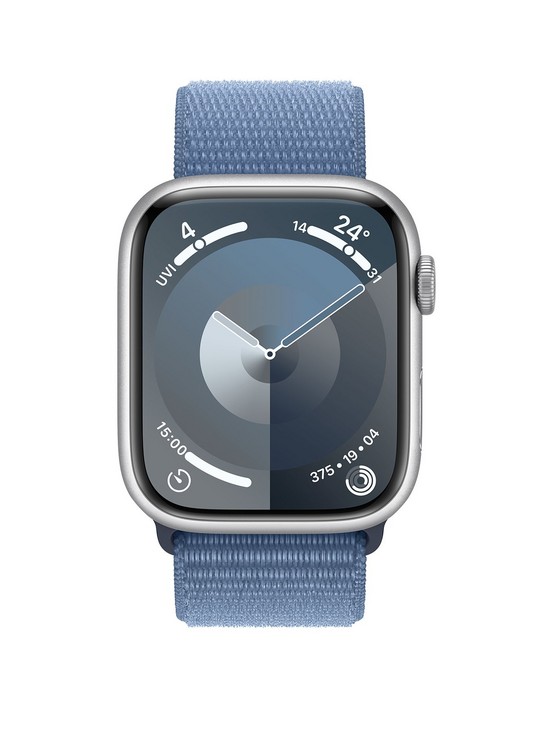 stillFront image of apple-watch-series-9-gps-45mm-silver-aluminium-case-with-winter-blue-sport-loop