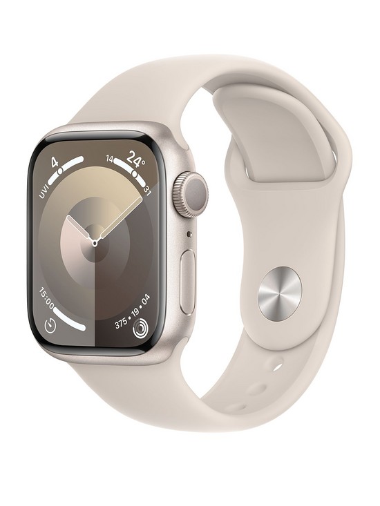 front image of apple-watch-series-9-gps-41mm-starlight-aluminium-case-with-starlight-sport-band