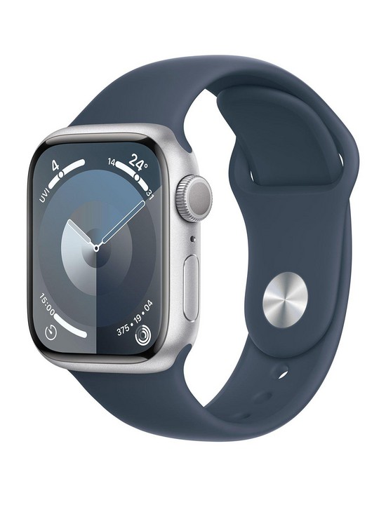 front image of apple-watch-series-9-gps-41mm-silver-aluminium-case-with-storm-blue-sport-band