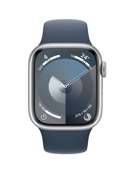 stillFront image of apple-watch-series-9-gps-41mm-silver-aluminium-case-with-storm-blue-sport-band