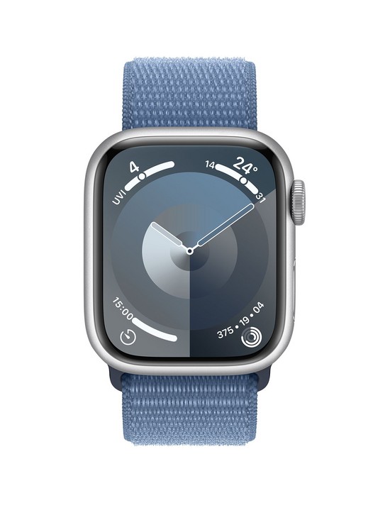 stillFront image of apple-watch-series-9-gps-41mm-silver-aluminium-case-with-winter-blue-sport-loop