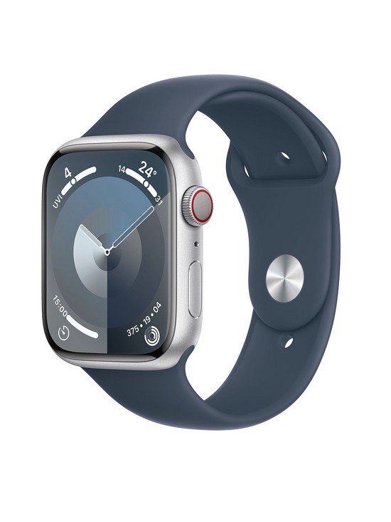 front image of apple-watch-seriesnbsp9-gps-cellular-45mm-silver-aluminium-case-with-storm-blue-sport-band-sm
