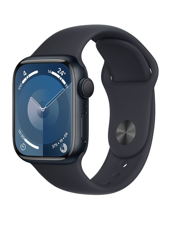 front image of apple-watch-series-9-gps-41mm-midnight-aluminium-case-with-midnight-sport-band