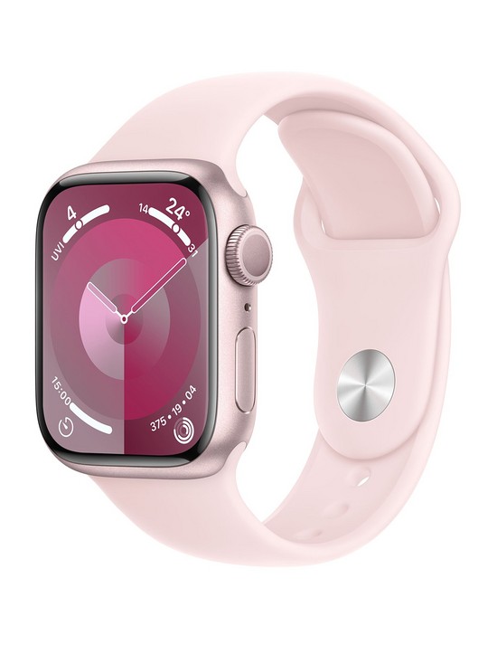 front image of apple-watch-series-9-gps-41mm-pink-aluminium-case-with-light-pink-sport-band