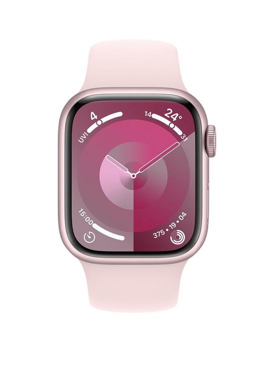 stillFront image of apple-watch-series-9-gps-41mm-pink-aluminium-case-with-light-pink-sport-band