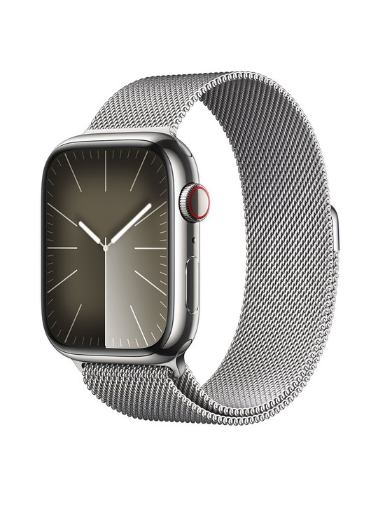 front image of apple-watch-seriesnbsp9-gps-cellular-45mm-silver-stainless-steel-case-with-silver-milanese-loop